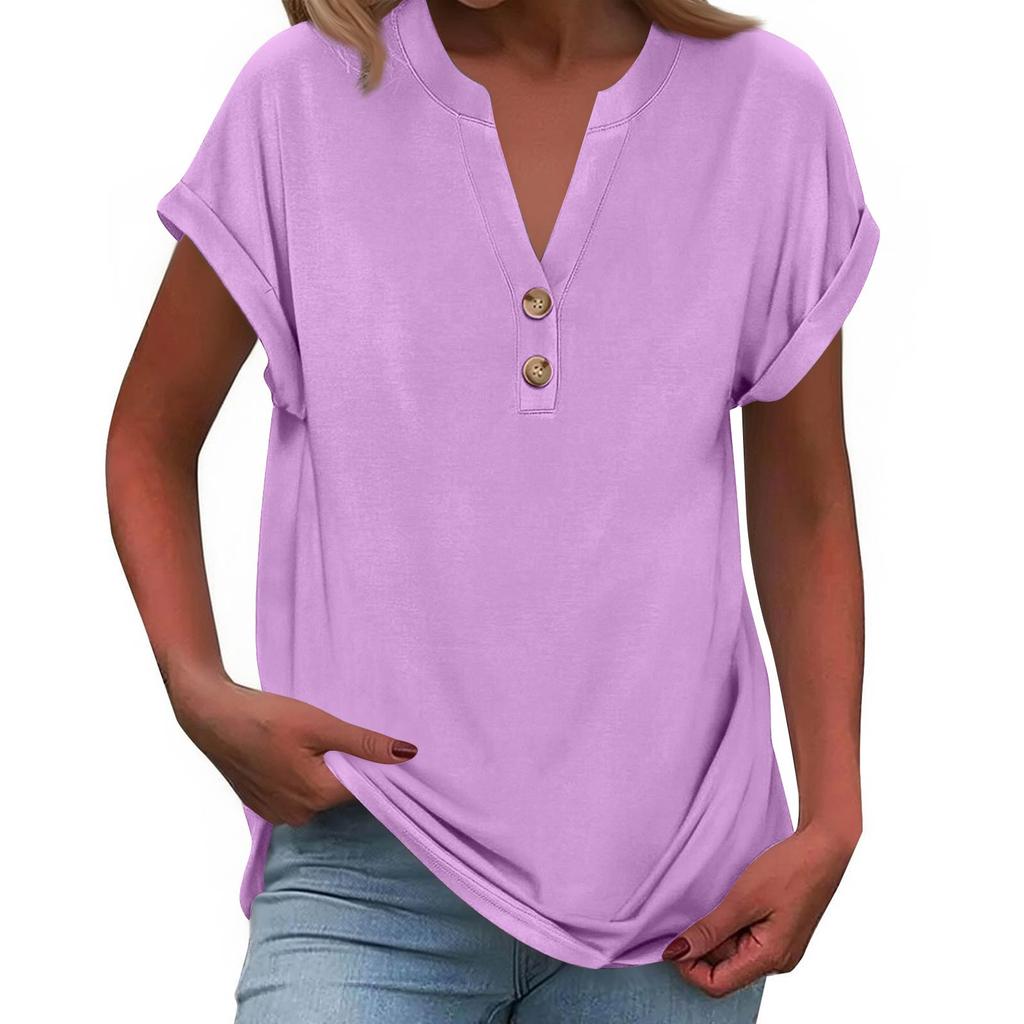 Women's Fashionable Casual Loose-Fit Short-Sleeved Button-Up V-Neck -Colour T-Shirt Top