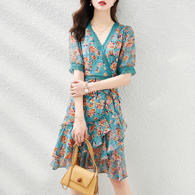 Srcr Elegant Floral Chiffon Short-Sleeve Dress L