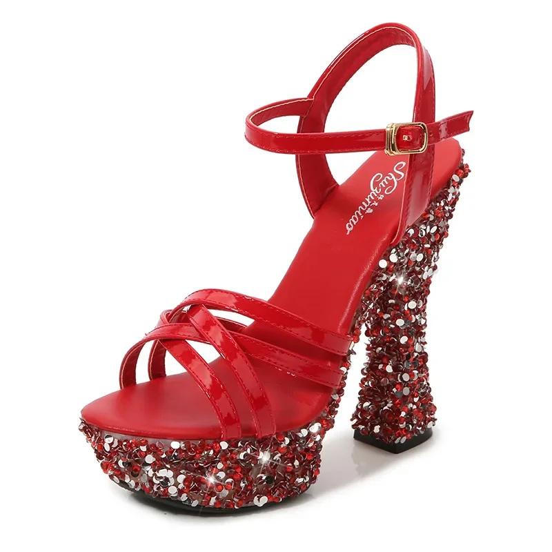 Fashion Women Sandals Sequin Rhinestone Peep Toe Sandals Woman Shoes High Heels Sexy Nightclub Party Platform Heels Size 43 Womens Shoes