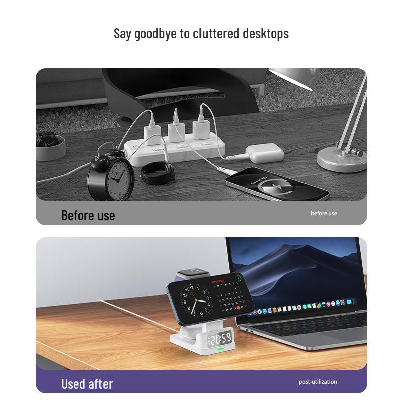 3-in-1 Wireless Charger: Alarm Clock, Magnetic Phone Stand, Fast Charging for Apple Watch & Earphones