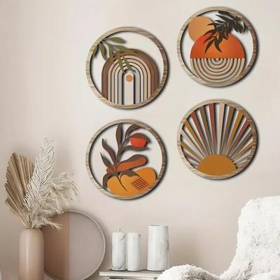 4 Pcs Wooden Round Boho Wall Art Bohemian Circle Wall Decor Hollow Out Farmhouse Hanging Sign for Bedroom Living Room Bathroom Patio Apartment