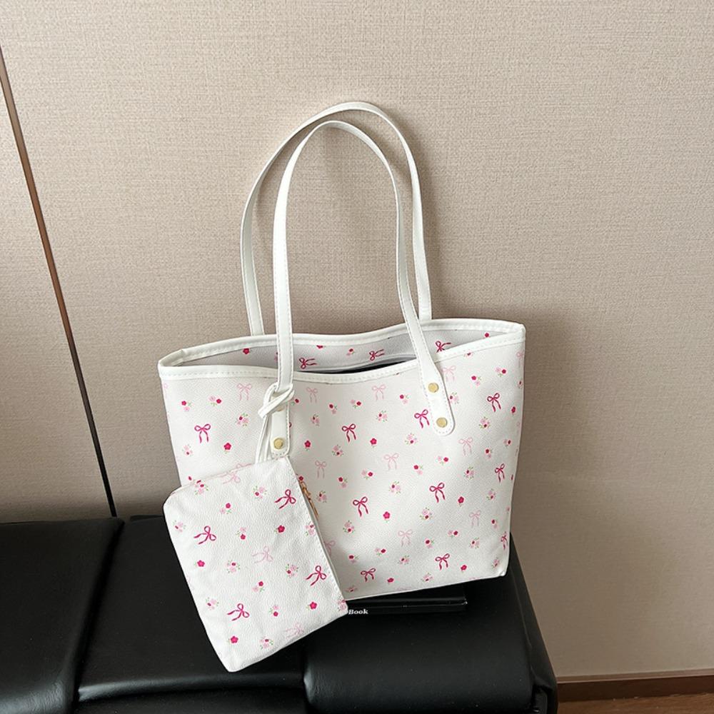 

Zipper Closure Large Capacity Tote Handbag Bow Design Soft Material Shoulder Purse Trendy Style Simple Design Underarm Bag белый