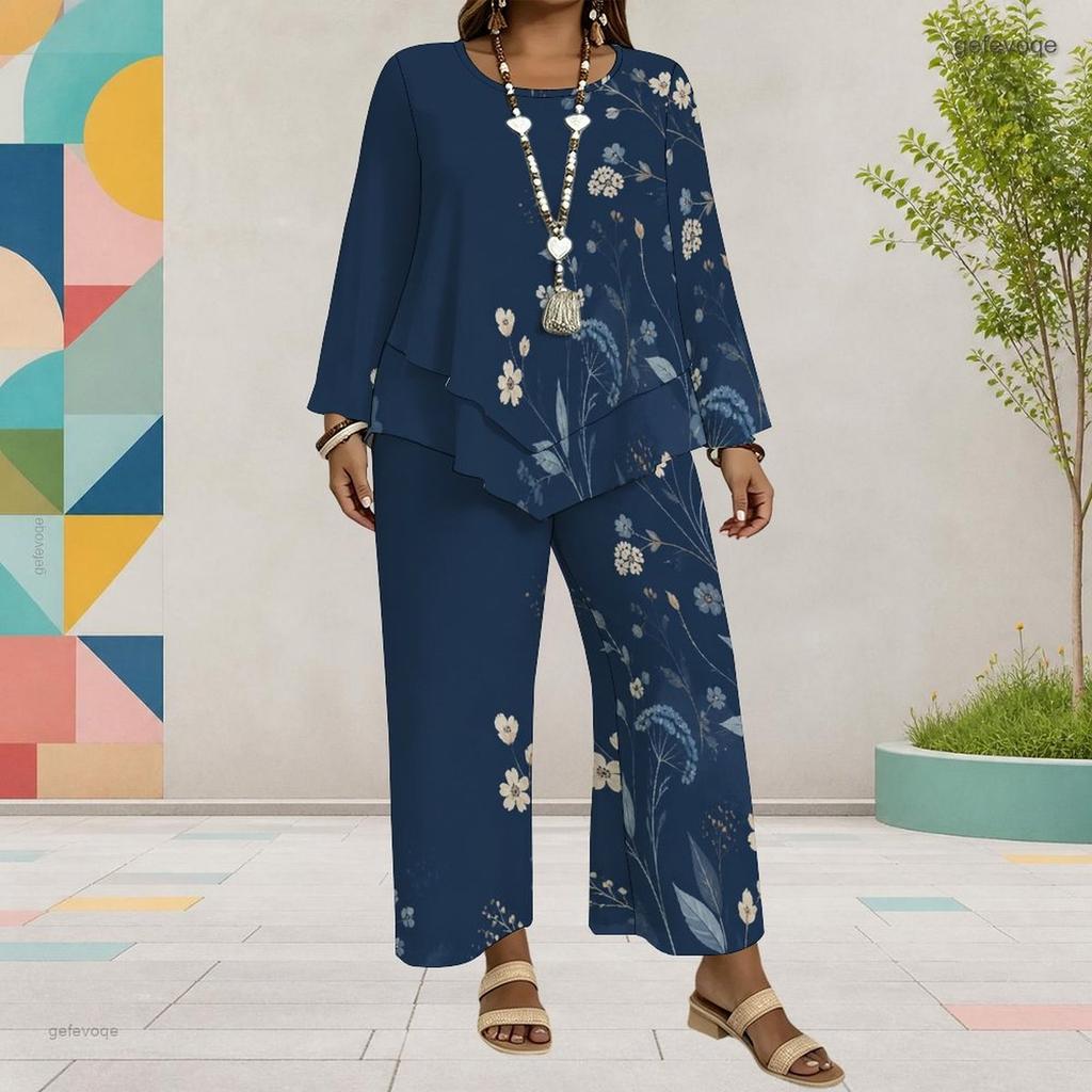 Women Plus Size Two Piece Pants Set Round Neck Long Sleeve Printed Dark Blue Layered Top Wide Leg Pants