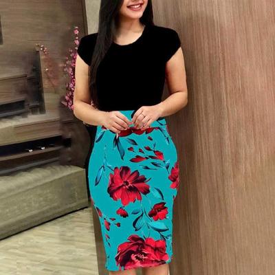 Dress Womens Fashion Sexy O-Neck Short Sleeve Splicing Flower Printing Buttock Dress