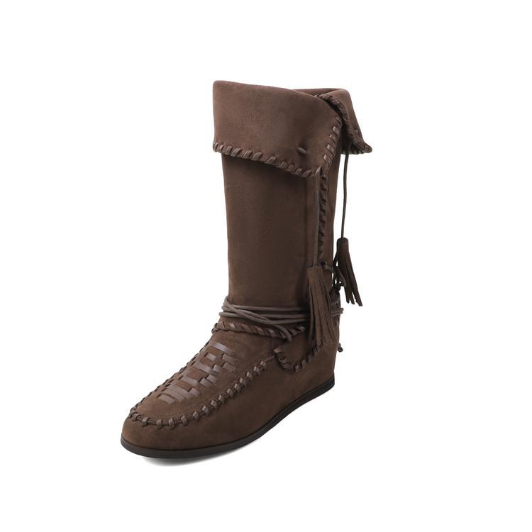 Round Head Suede Boxing Boots Women's 2025 New Inner Height Increase Lace-up Retro Weaving Versatile and Comfortable Two-wear Casual Shoes