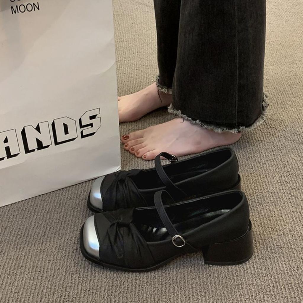 2025 Mary Jane shoes women's 2025 spring new French retro temperament gentle square head high-heeled leather shoes single shoes