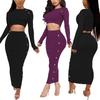 2 Pezzi Sexy Donna Tinta Unita Manica Lunga Maglioncino Corto Crop Top Gonna Lavorata a Maglia con Bottoni