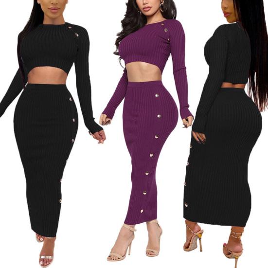 

2 шт., сексуальный женский однотонный короткий укороченный топ с длинным рукавом, свитер на пуговицах, вязаная юбка