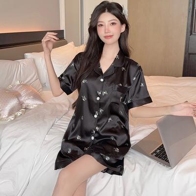 Summer 2 Piece Women Set Short Sleeve Black Tops and Shorts Pajamas Woman Silk Fashion Elegant Luxury Satin Sleepwear Polka Butterfly Print Pajama Set