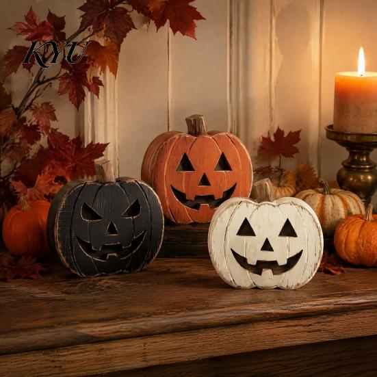 Spooky Holiday Tabletop Accents 3Pcs Halloween Pumpkin Decor, Rustic Face Wooden Block Autumn Theme Party Decor Ornaments, Farmhouse Desktop Craft for