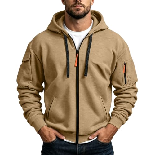 Men's Zip-Up Hooded Sweatshirt with Multiple Pockets Casual Loose Fit
