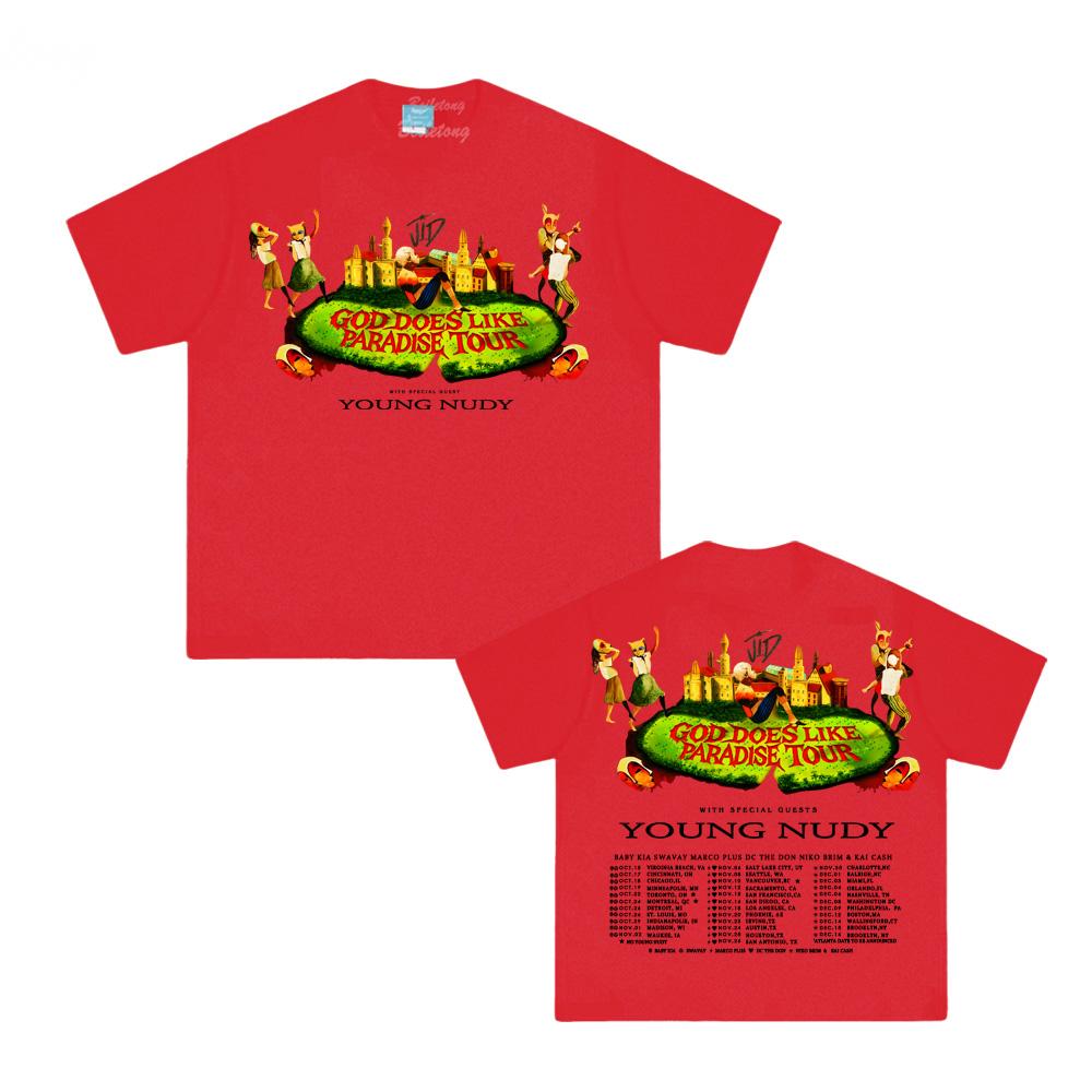 

J.I.D-БОГ ДЕЛАЕТ LKE РАЙ ТУР 2026новая футболка Летняя хип-хоп футболка 100% хлопок Женские/мужские топы XXL красный