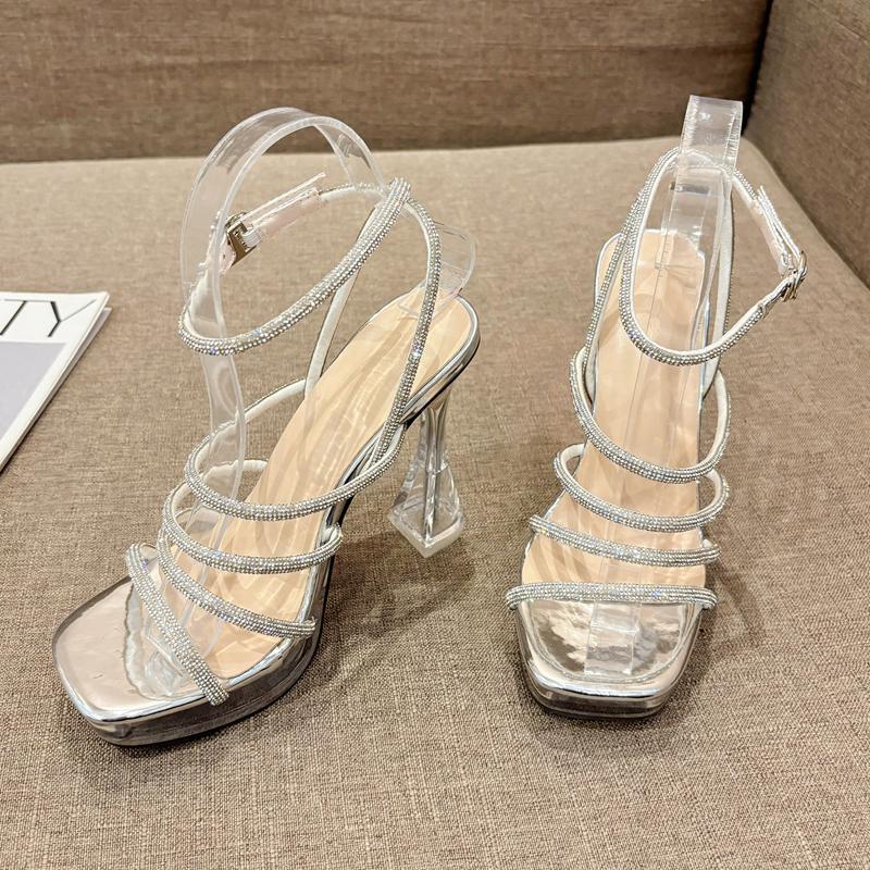 Women Sandals Crystal High Heels Square Open Toe Ankle Buckle Pumps Sexy Nightclub Party Prom Dress Shoes