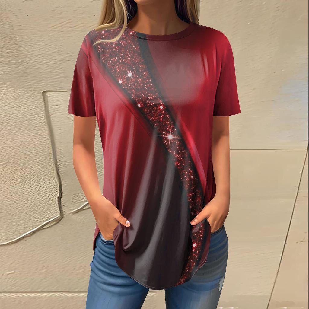 Women's Fashion Casual Round Neck Curve Printed Short Sleeve Pullover T-Shirt Top