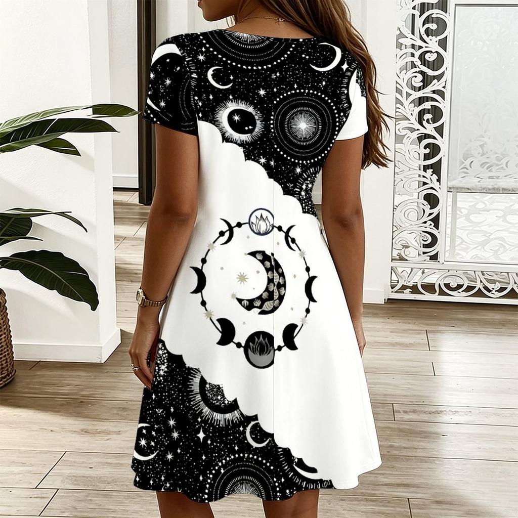 Womens Plus Size V Neck Short Sleeve Dress Geometric Printed Loose Dress For Daily And Vacation Wear