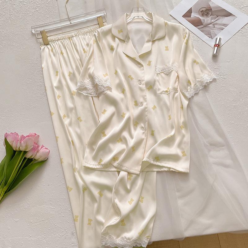 Summer Fresh Bear Print Pajamas Women'S Cool Feeling Ice Silk Short Sleeves Trousers Loungewear