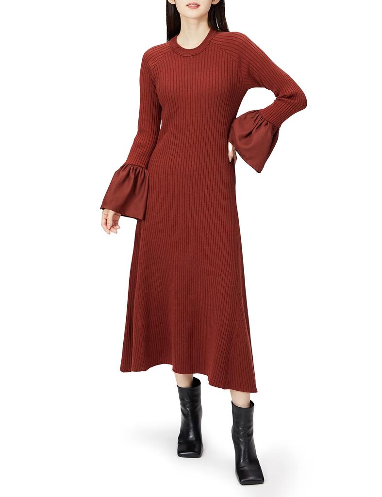 Mira Owen Ribbed Knit Dress with Fabric BRW 0 Women's A-Line Sleeves, 09WNO215014,