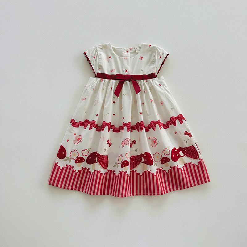 Summer Girls Round Neck Lace Dress With Cartoon Print And Bowknot Casual Sundress For Kids 90cm