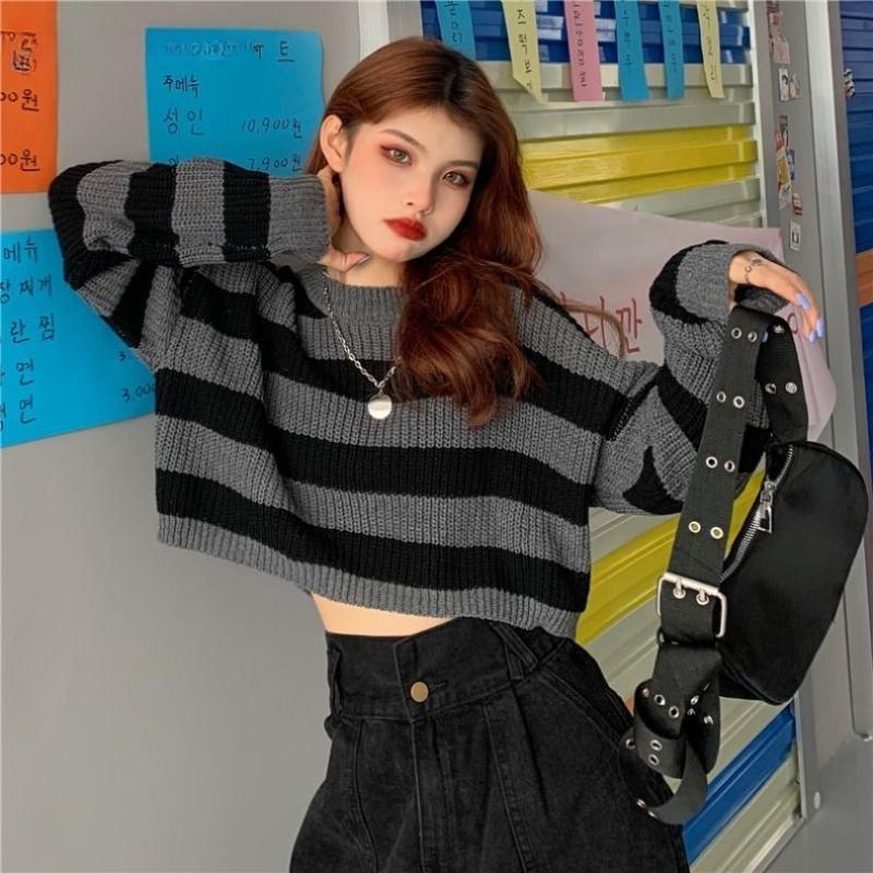 KOSY Striped Cropped Sweater Korean Style  Women Vintage Oversize Knit Jumper Female Autumn Long Sleeve O-neck Pullovers Tops