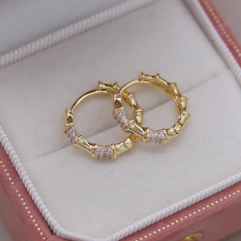 2025 French new design fashion Zircon 14K gold plated round zircon bamboo hoop earrings elegant women's daily work accessories
