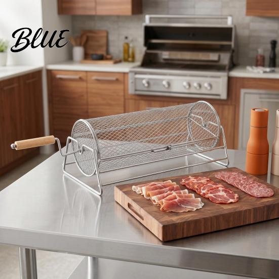 Seafood Grilling Basket Rolling Grill with Detachable Handle 360-degree Cage for Handle Outdoor Camping Picnic Party Stainless Steel Mesh