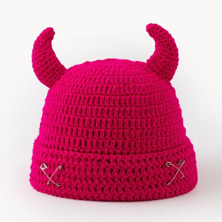 Crochet Horn Cap for Fall Winter Outfits, Brimless Devil Hat with Front Pin Accent for Party Photo Outfit Looks