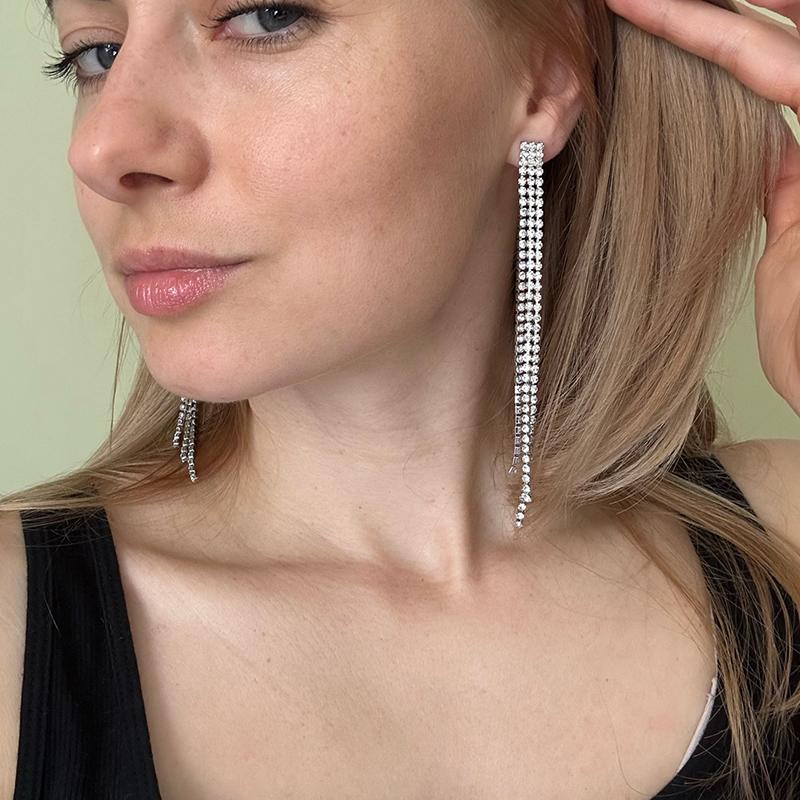 Simple Trendy Long Shiny Full Crystal Rhinestone Tassel Earrings For Women Drop Dangle Bridal Wedding Earrings Stud Jewelry Gift