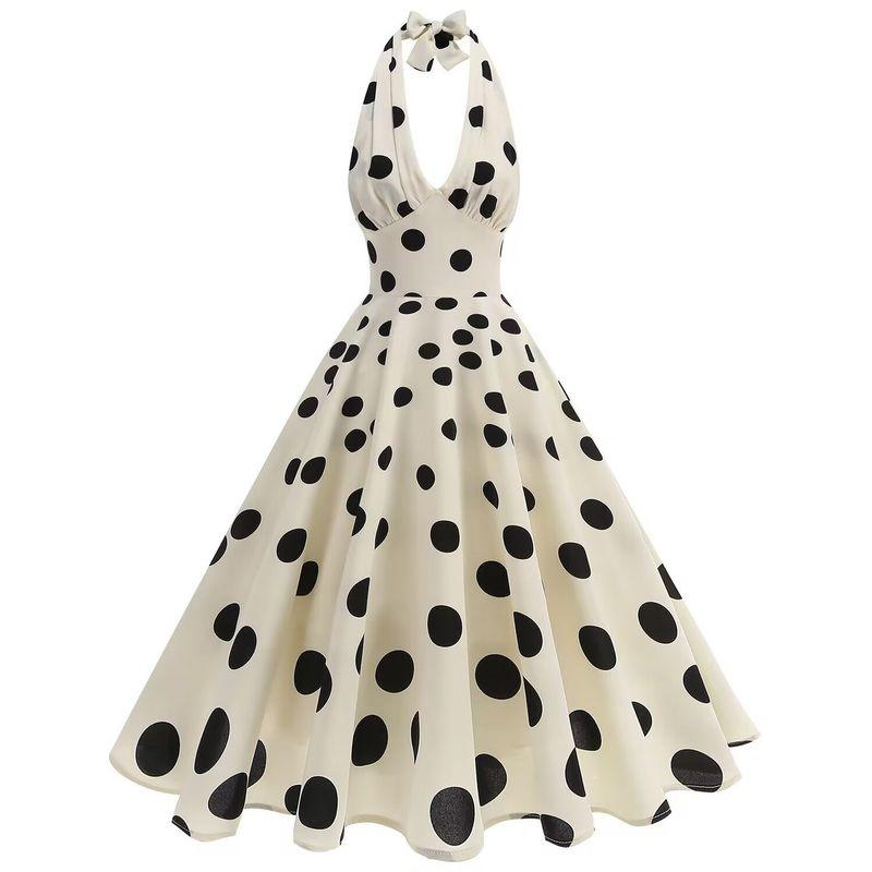 Hong Kong Style Retro S Sense New Deep V-neck Hanging Neck Backless Dots Polka Dot Sleeveless Dress Formal Dress Dance Skirt