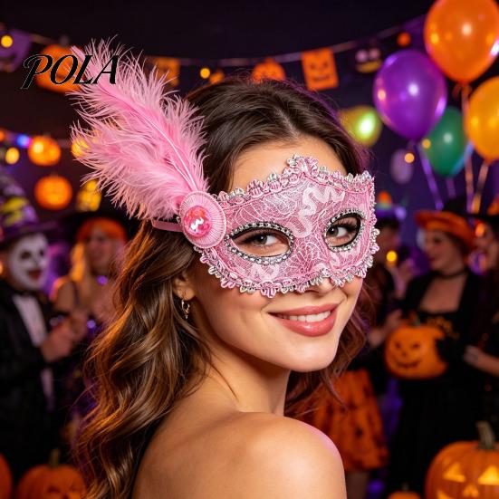 Venetian Masquerade Mask Halloween Princess Half Face Mask, Party High End Ball with Lace Feather Rhinestones, Adjustable Ribbon Women Accessory