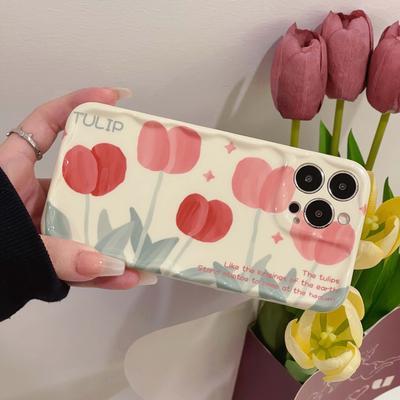 Ins Pink Tulips Flower Cartoon Wavy Non -Slip Shell For Iphone 13 11 12 Promax 14 Pro Max Shockproof Cute Back Phone Case