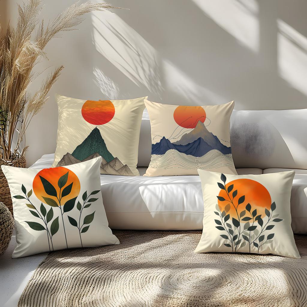Double-Sided Printed Throw Pillow Covers, Watercolor Sun & Mountain Print Cushion Cases, Calming Zen Aesthetic For Sofa Bedroom