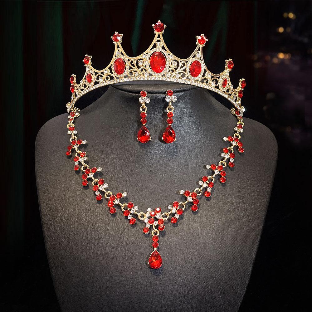 Retro Rhinestone Crown Headwear Three Piece Set Fashionable and Super Shiny Bride Headwear Set Birthday Crown Necklace for Women