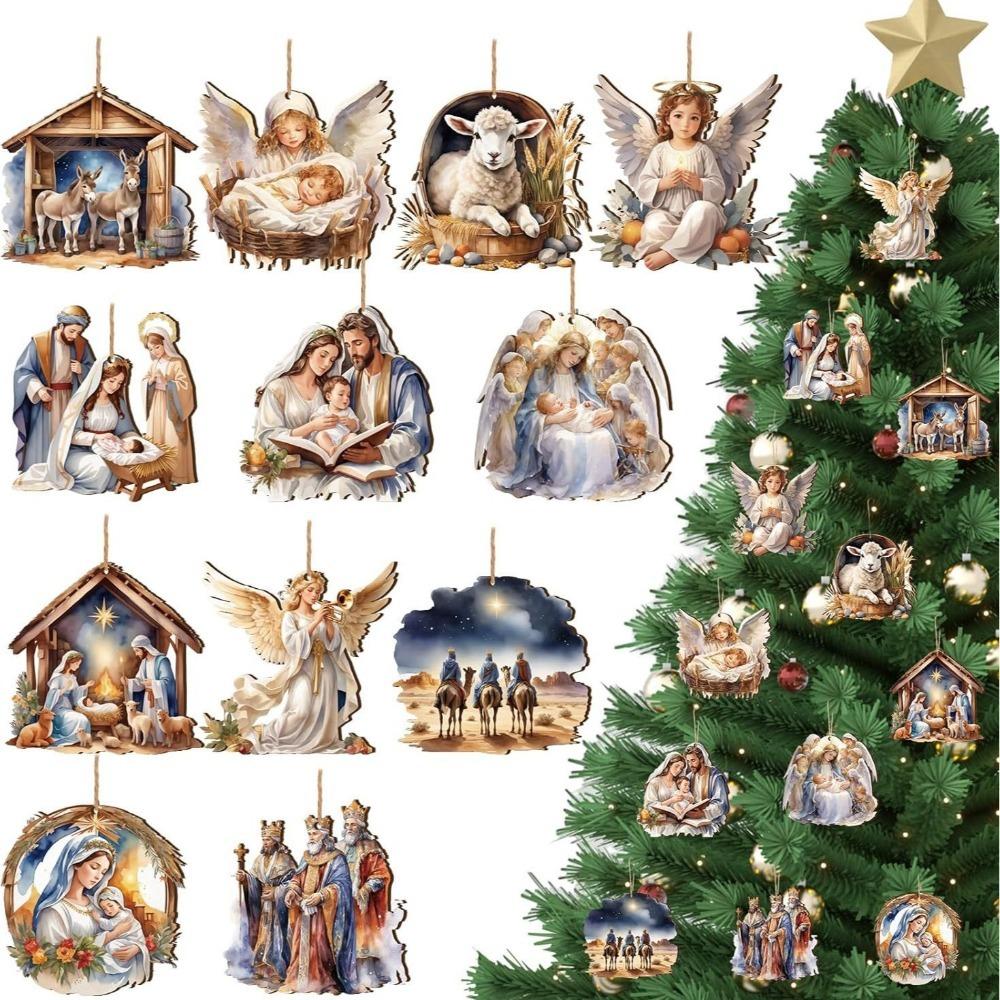 12/24/36pcs Wooden Christmas Nativity Pendant Christmas Tree Decoration Flat Shape Painted Pendant Hanging Thatched Hut