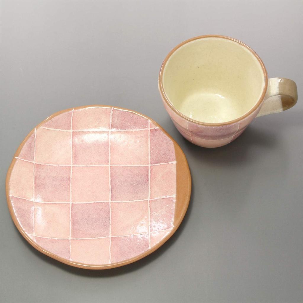 Ichikyu Mino ware coffee bowl plate colored checkered pink 580-01