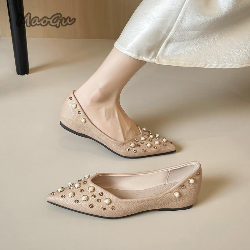 French Style Flat Pointed Toe Shoes for Women Soft Sole Comfortable Non-Slip Daily Walking Shoes Office Ladies Loafers Beaded