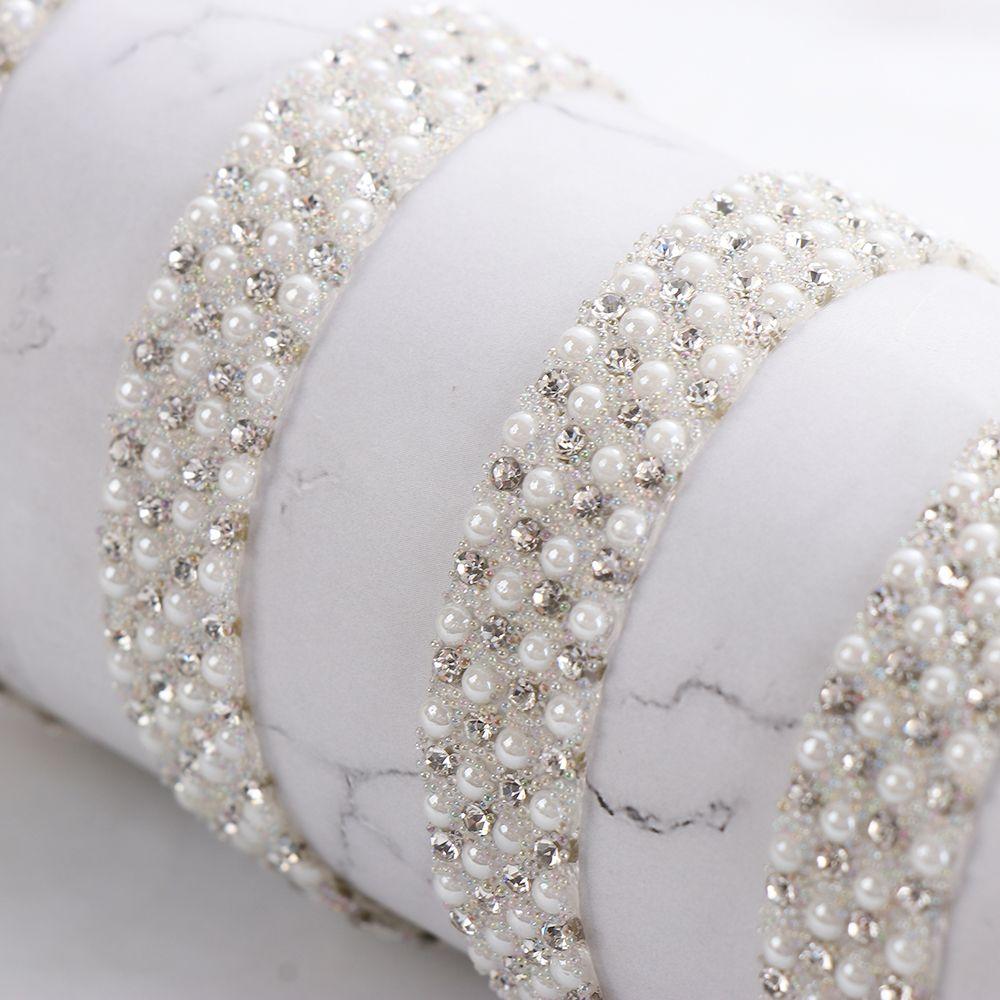 1Yard ABS Round Pearl Rhinestone Trim Hot Fix Crystal Banding Applique Trimming Iron-on Wedding Dress Clothing Fabric Accessory
