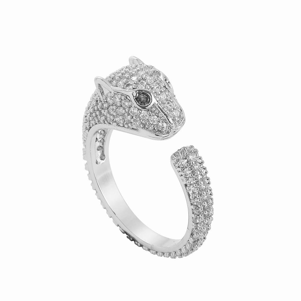 European and American Leopard Head Full Diamond Zircon Adjustable Open Ring - Fashionable and Versatile Couples' Accessory