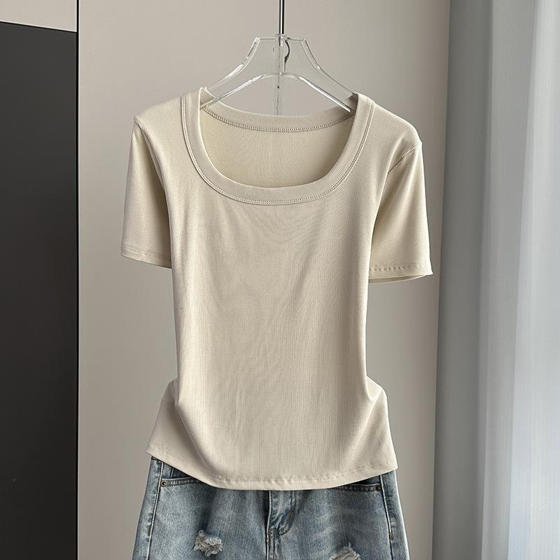 Klassisches geripptes quadratisches Hals-Kurzarm-T-Shirt Locker Schlank Sommer Basis-Oberteil Dehnbar Schlanke Basisschicht Weicher Rippstoff Gut für Innen- und Außenbekleidung Oberteil