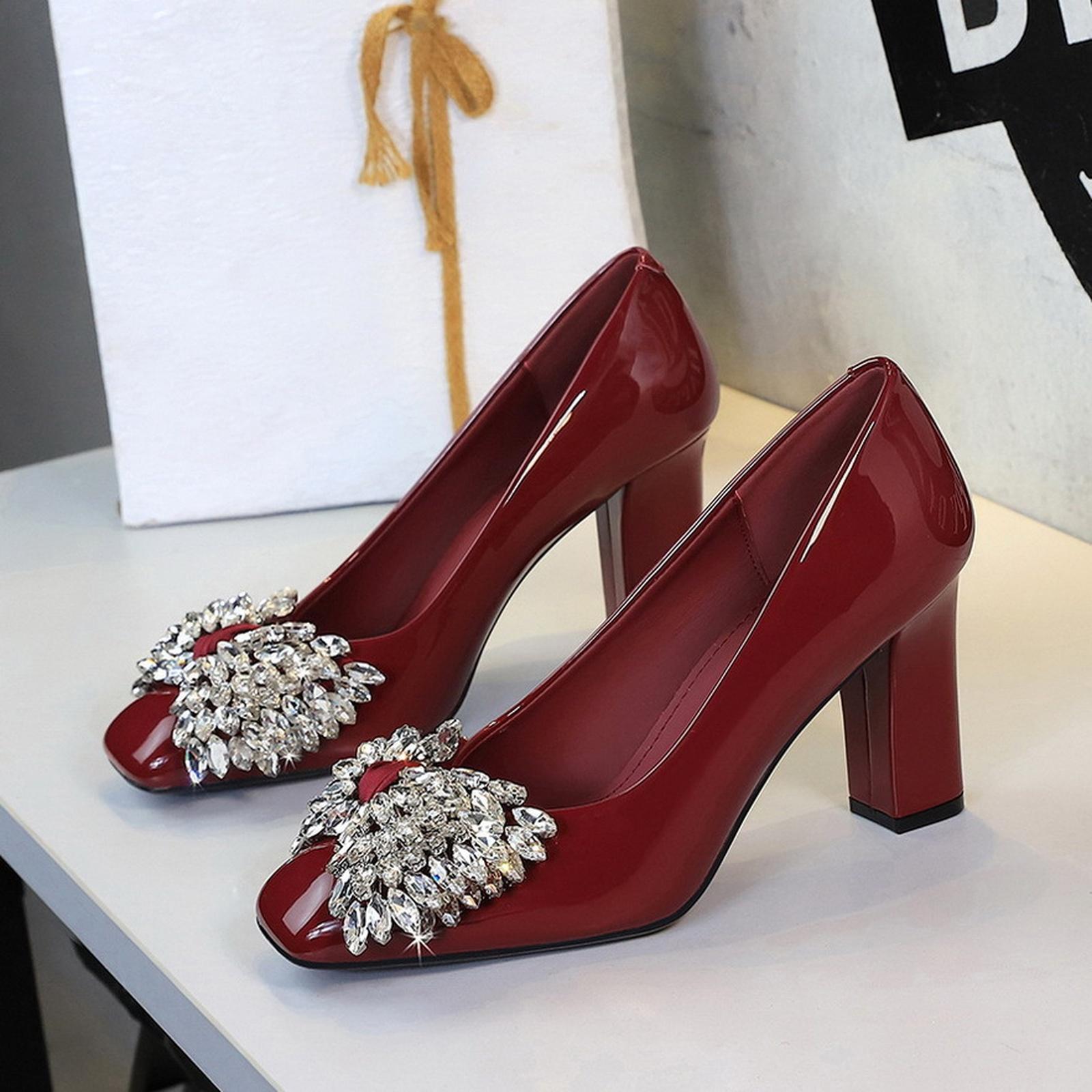 Women s Leather Rhinestone Bow Block Heel Pumps 39 винный