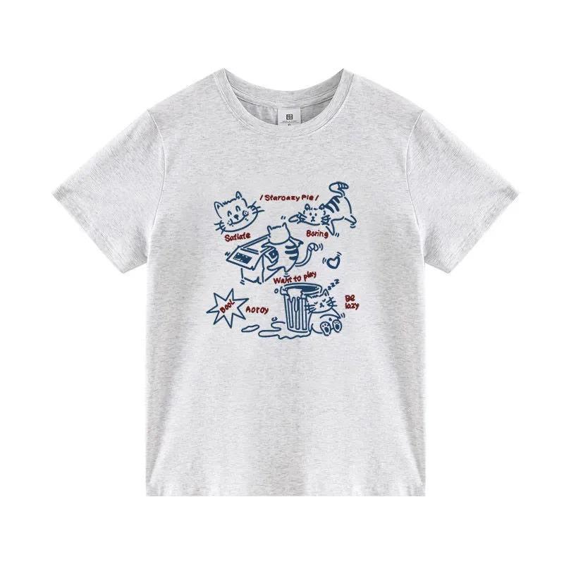 Women Cartoon Cat Graphic Crew Neck Short Sleeve Casual T Shirt