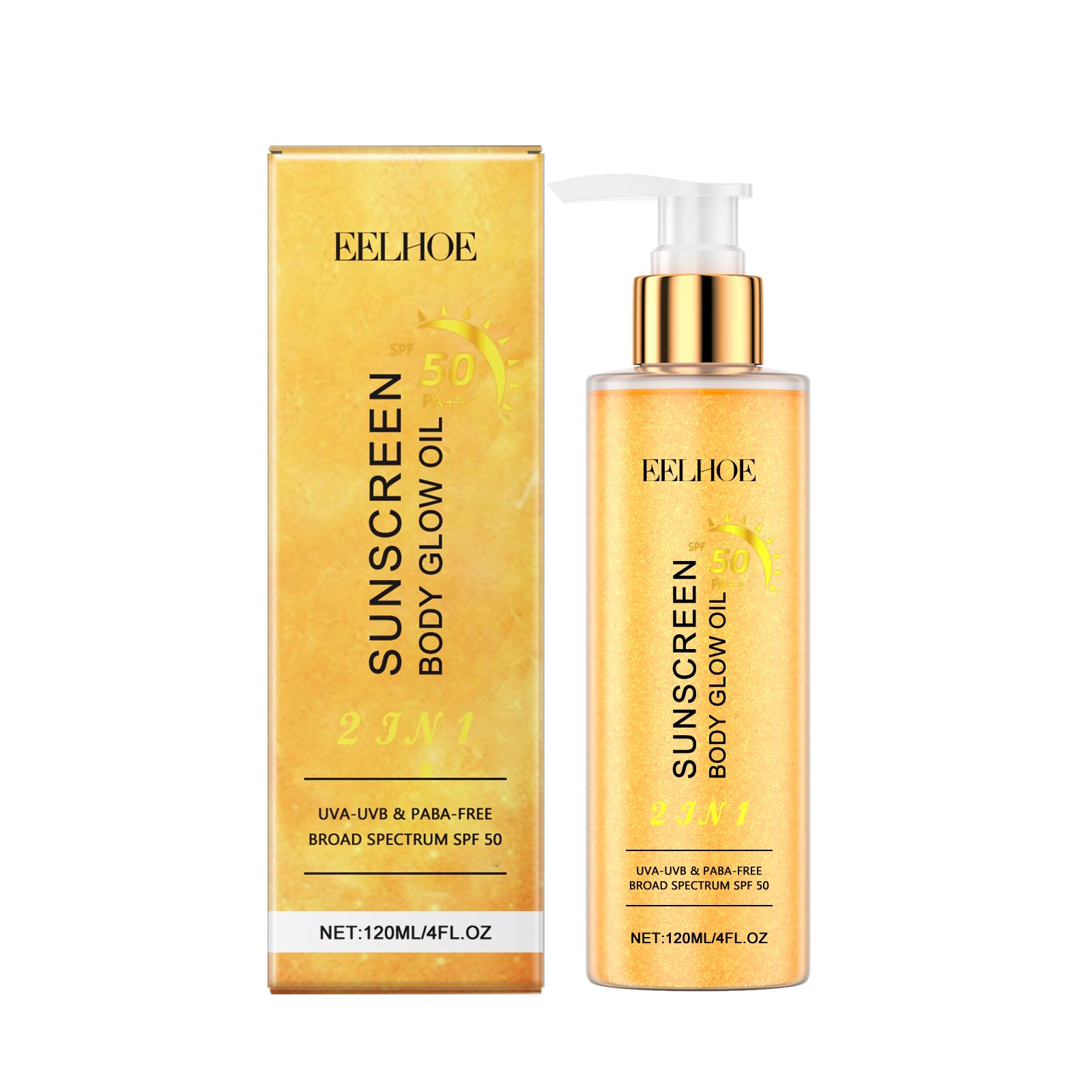 EELHOE Golden Sunscreen Body Glow Oil, SPF 50 Broad Spectrum UV Protection, Moisturizing Body Sunscreen Oil with Olive Oil & Rosehip Oil 120ml