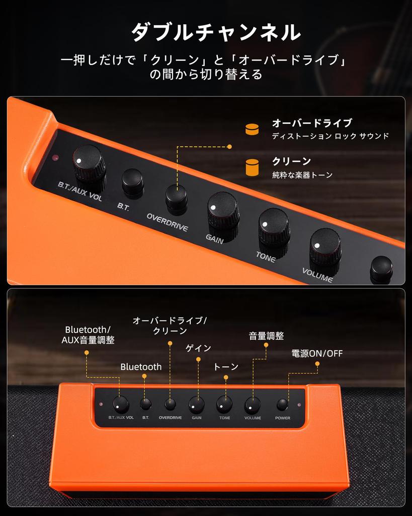 Portable 5W Mini Guitar Amplifier with Clean Overdrive Mini and Everyday Practice Effect, Bass, Bluetooth, (Orange)