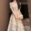New summer waist shows first love, holiday style travel floral dress, children's French square collar oil painting dress