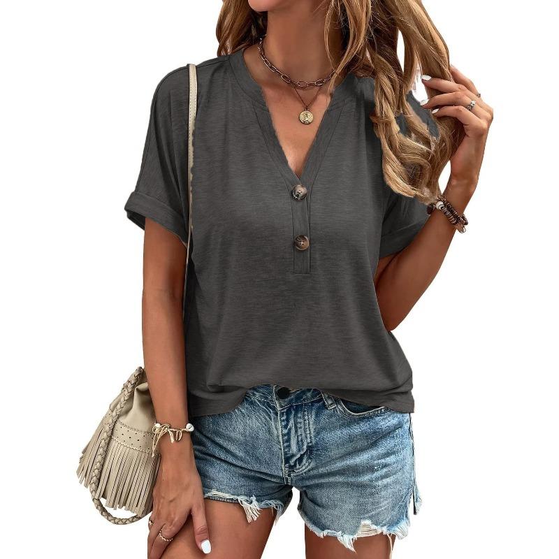 QICED Women's Fashion Casual Solid Color Print Short Sleeve V Neck Blouses & Shirts