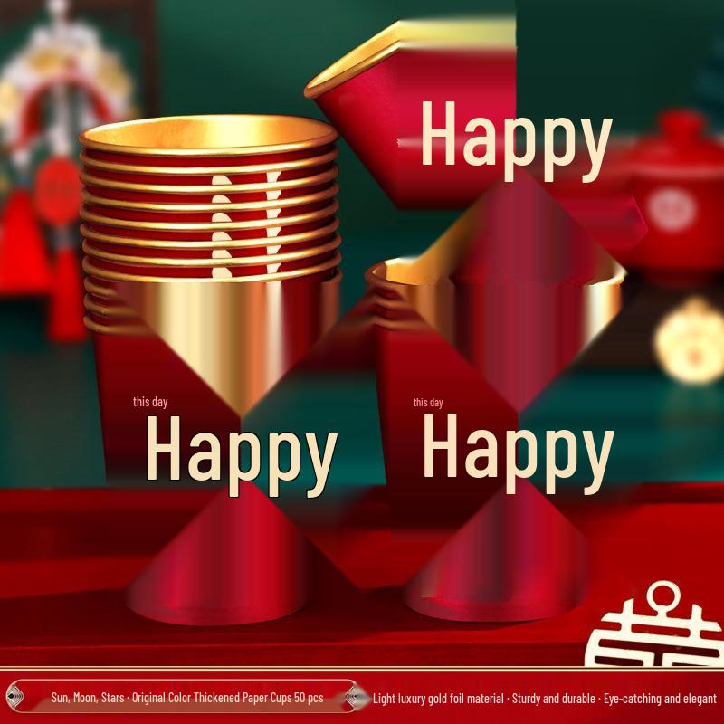 Disposable Gold Foil Wedding Paper Cups with Double Happiness Character - Red Thickened Banquet Cups