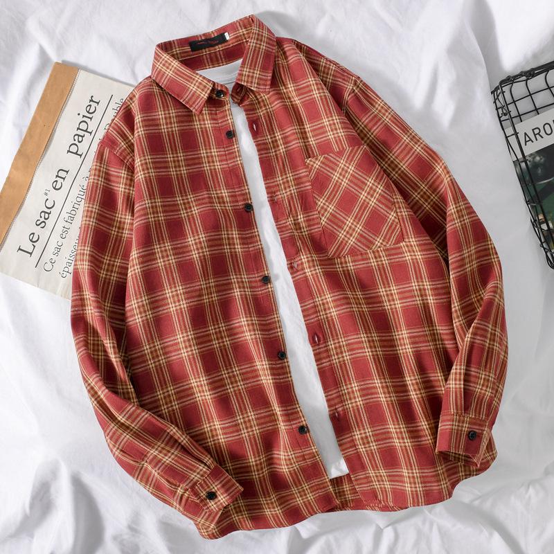 Hong Kong Style Plaid Shirt Men S Long-Sleeved Casual Lazy Shirt Loose Trend Ruffian Handsome Very Fairy Coat M красный