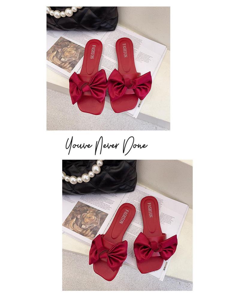 2025 Spring/Summer Women's Square Toe Open Toe Bowknot Slides