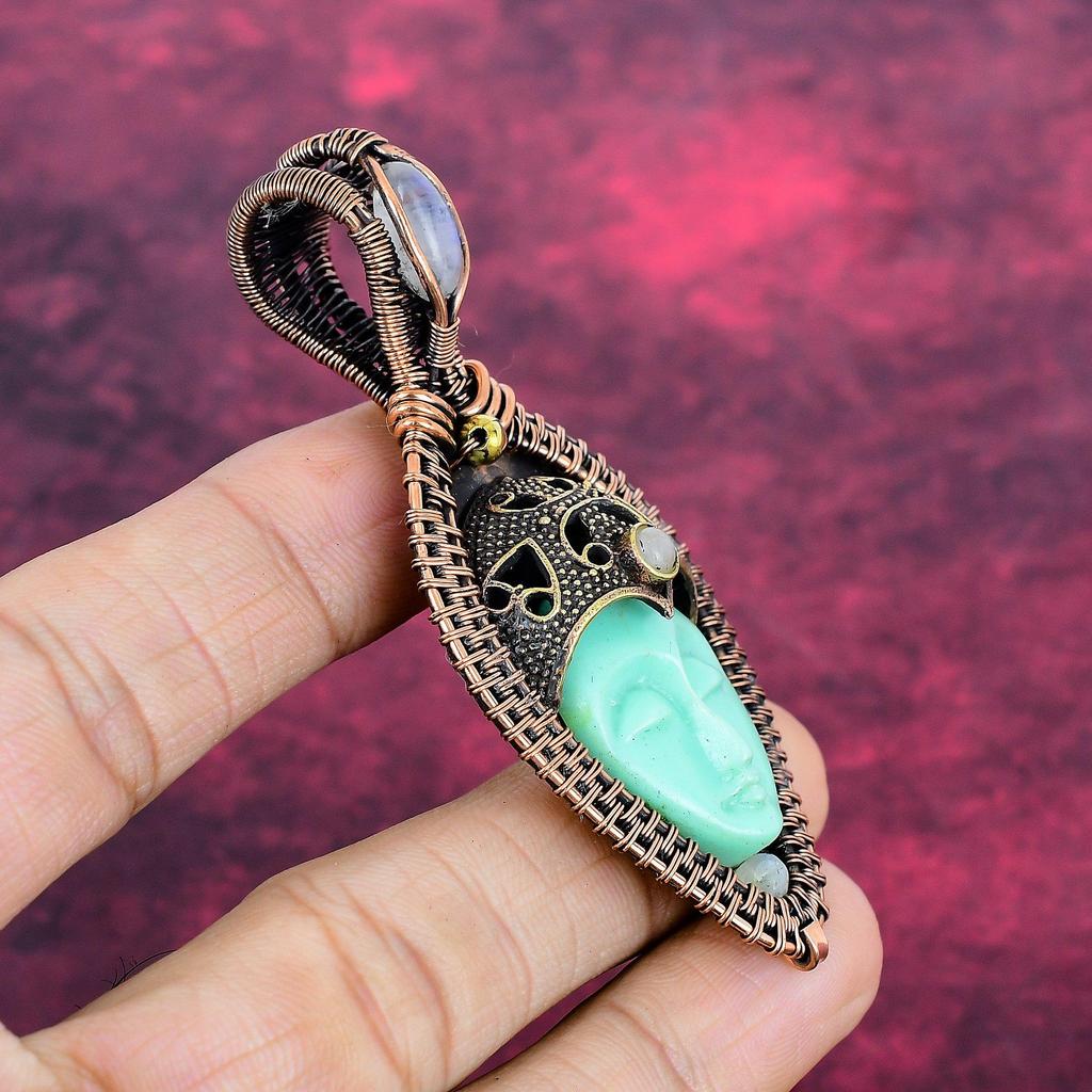 Green Carved Bone Face Pendant Copper Wire Wrapped Rainbow Moonstone Jewelry