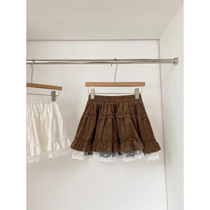 Европейская хлопковая бархатная кружевная пэчворк мини-юбка: Стильный корейский сладкий стиль для осени/зимы, приталенный. Medium