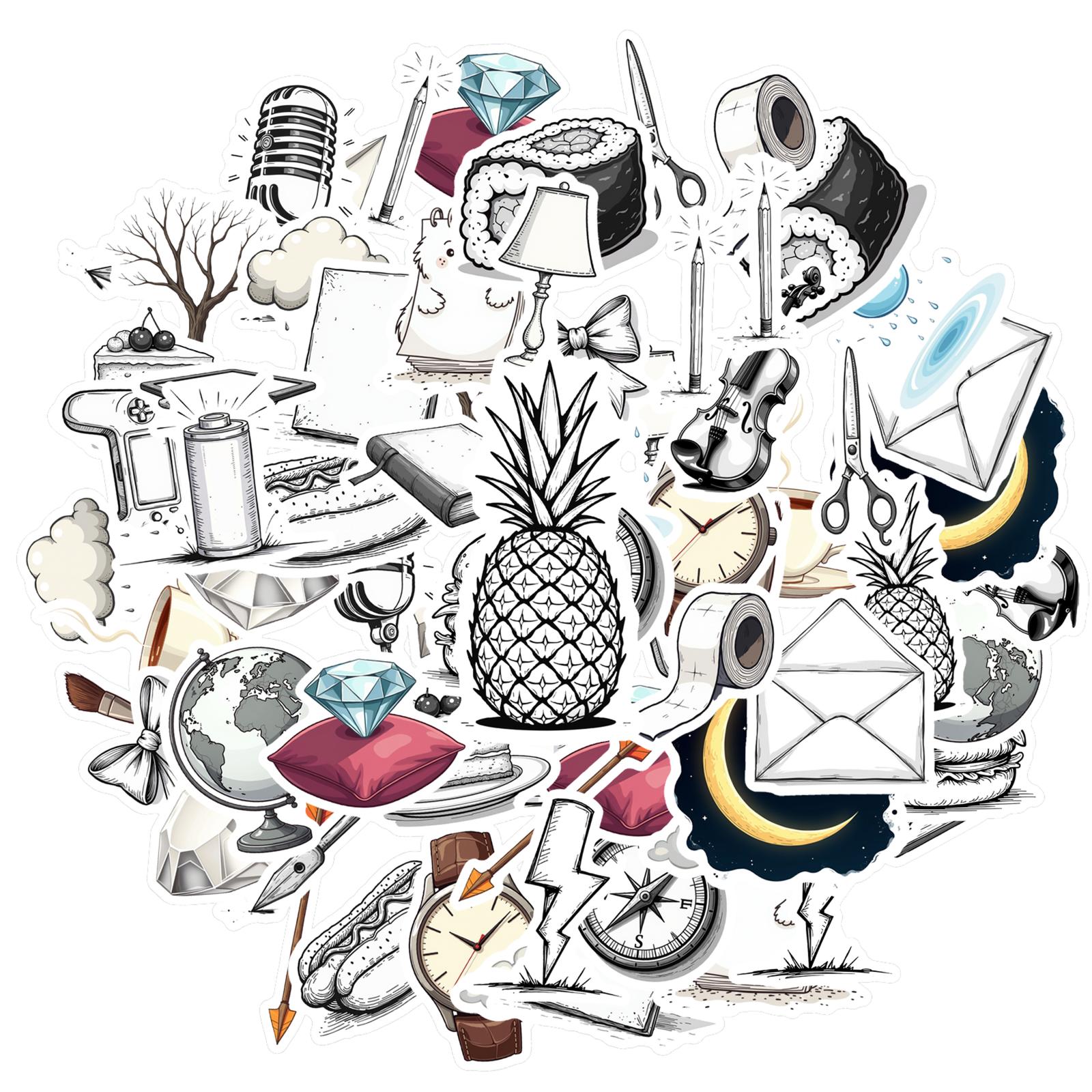 35pcs-100pcs Minimalist Quirky Decals Sketch Everyday Objects Stickers Funny Stickers For Guitar Phone